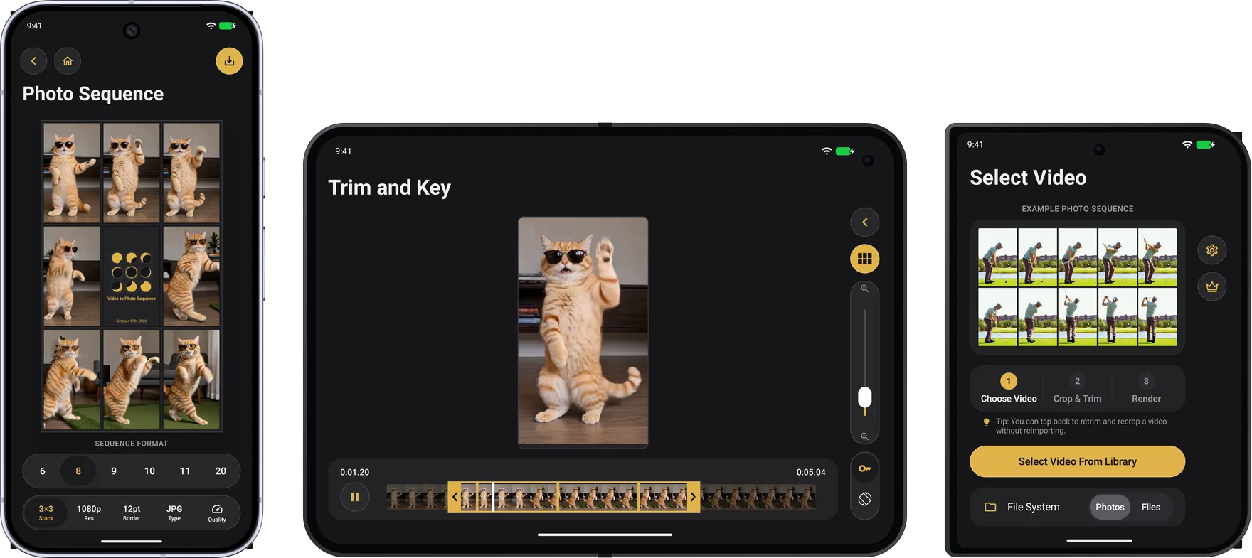 Google Pixel 10 Pro Showing Eight Cat Frames Around a Title Card, Unfolded Xiaomi 18 Fold Showing the Cat in Trim and Key With Three Key Frames, and Folded Xiaomi 18 Fold Showing Select Video With a Golf Swing Sequence on Its Cover Display