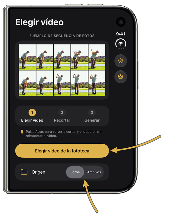 Pantalla «Elegir vídeo» en un iPhone Duo plegado, con flechas doradas hacia «Elegir vídeo de la fototeca» y el selector entre «Fotos» y «Archivos»