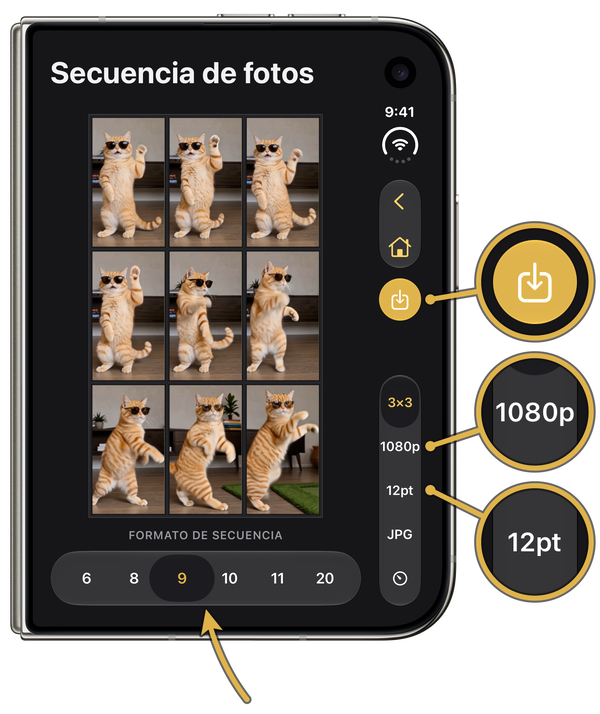 Nueve fotogramas de un gato en un iPhone Duo plegado, con «9» seleccionado y ampliaciones de los ajustes «Resolución» (1080p), «Separación» (12pt) y del botón «Añadir a Fotos»