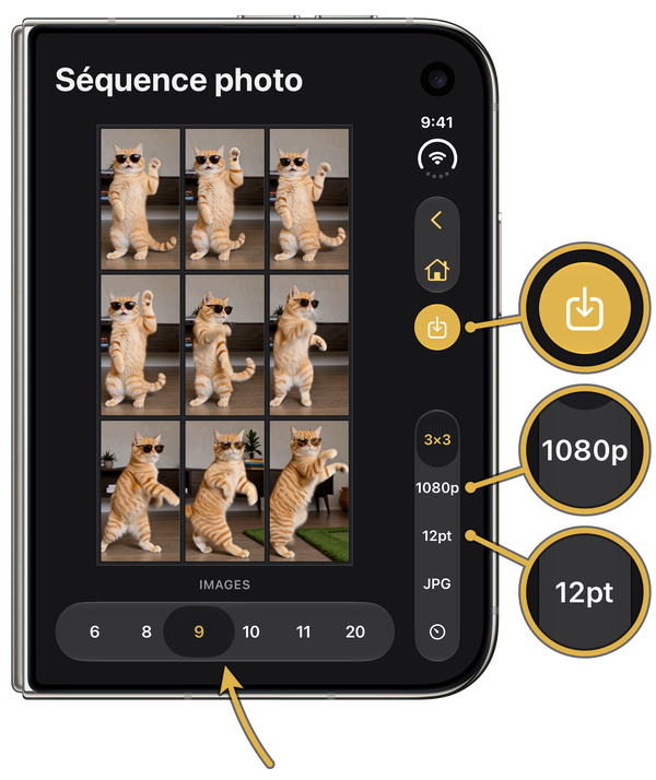 Neuf images d’un chat sur un iPhone Duo plié, avec « 9 » sélectionné et des vues agrandies des réglages « Résolution » (1080p), « Bordure » (12pt) et du bouton « Ajouter à Photos »