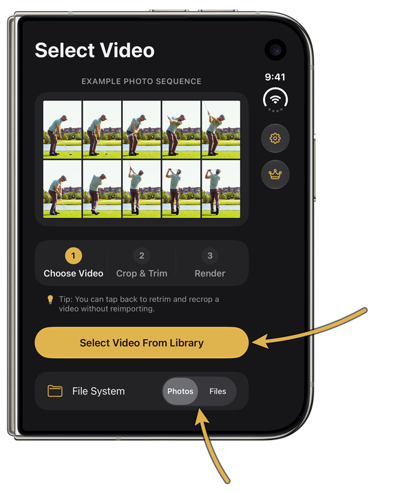Select Video on a Closed iPhone Duo, With Gold Arrows Pointing to Select Video From Library and the Photos and Files Switch