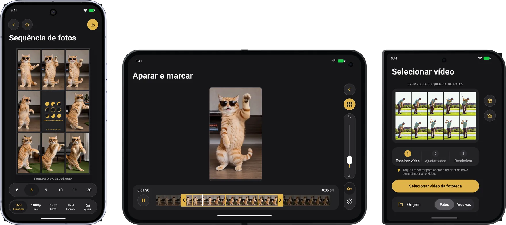 Google Pixel 10 Pro com oito quadros de um gato ao redor de um cartão de título, Xiaomi 18 Fold aberto com o gato e três quadros-chave no editor de aparar e marcar e Xiaomi 18 Fold fechado com uma sequência de swing de golfe em Selecionar vídeo na tela externa