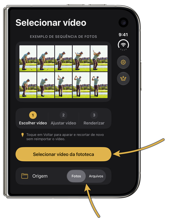 Tela “Selecionar vídeo” em um iPhone Duo fechado, com setas douradas apontando para “Selecionar vídeo da fototeca” e o seletor entre “Fotos” e “Arquivos”