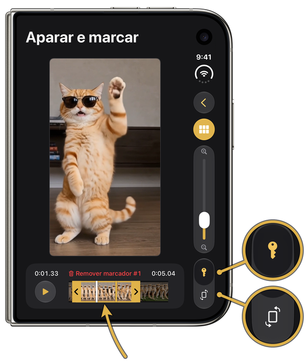Tela “Aparar e marcar” em um iPhone Duo fechado, com um gato de pata levantada, o intervalo de corte marcado e ampliações dos botões “Marcar quadro” e “Proporção”
