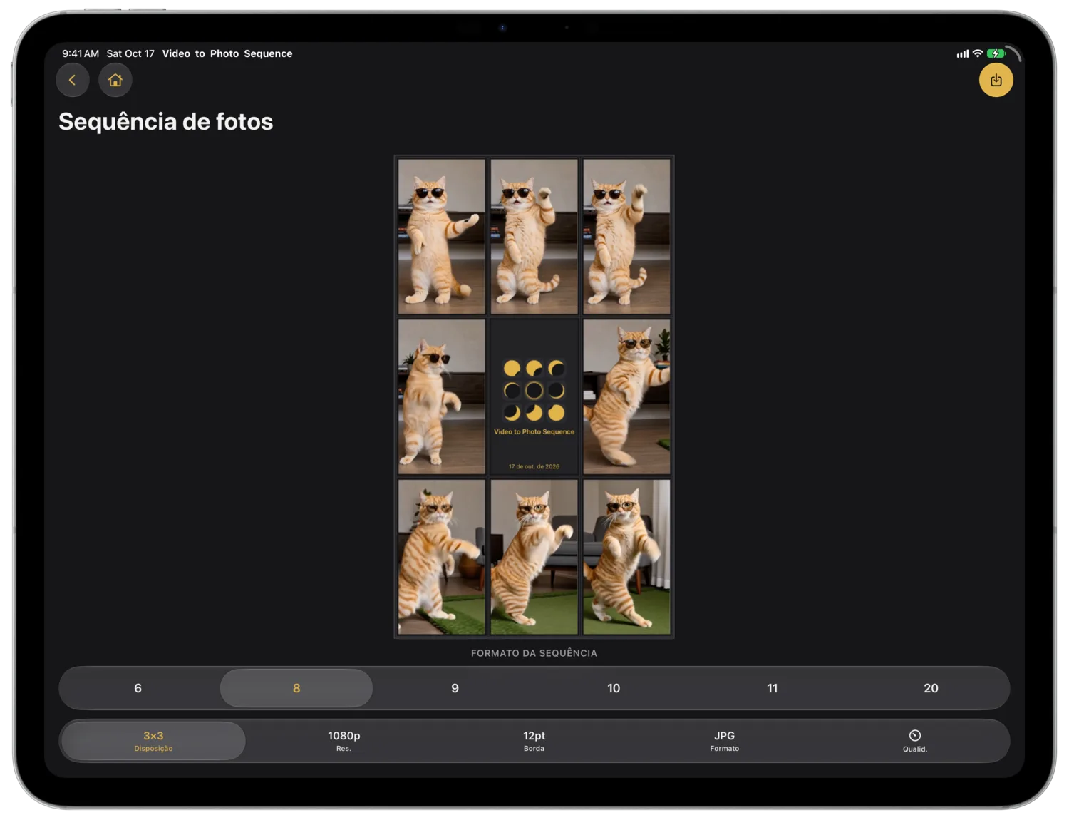 Oito quadros de um gato ao redor de um cartão de título, acima do seletor de número de quadros e da barra de opções em um iPad Pro na horizontal