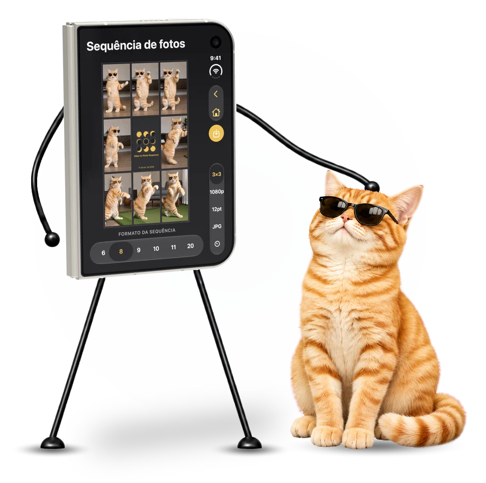 Um iPhone Duo fechado com braços e pernas de palito, acariciando um gato laranja listrado de óculos escuros e exibindo na tela quadros do gato dançando